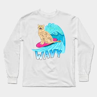 Wavy Surfing Cat Long Sleeve T-Shirt